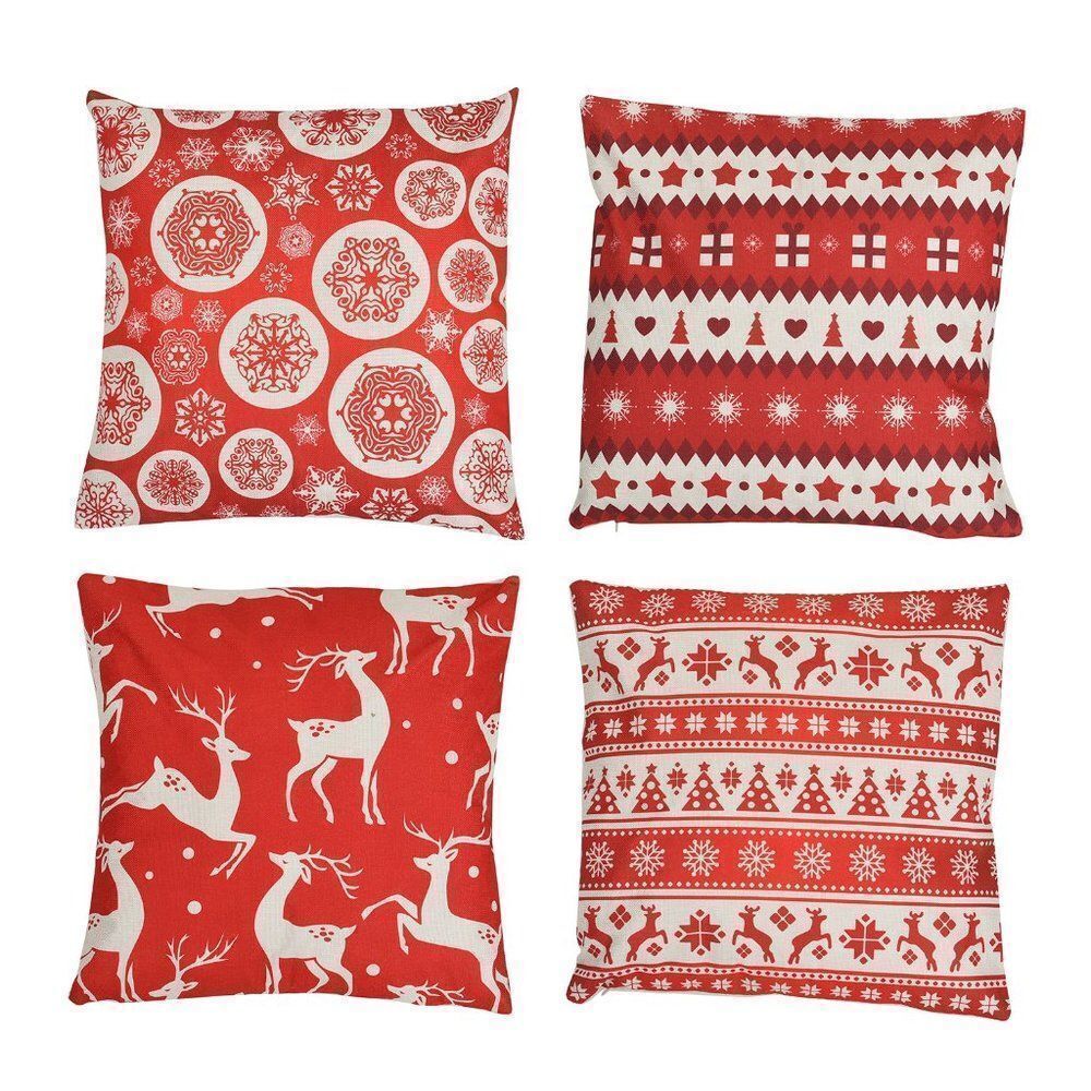 Set of 4 Red and White Christmas Theme Pattern Polyester Cushion Cover Red